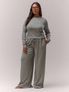 MUSERA Plus Wide Leg Baggy Drawstring Stripe Trousers Only Casual Cute Cosy   Night In - Black and White - View 5