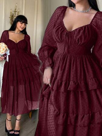 Lyrianda Nuevo vestido elegante de línea A con mangas largas, decoración de lazo con estampado de lunares en textura de gasa, ajuste ceñido en la cintura con volantes en el bajo