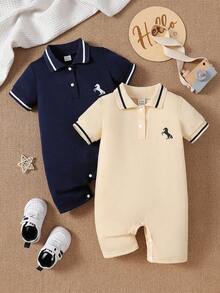 SHEIN 两件套男童休闲半开领POLO衫（马匹图案）及短裤套装，舒适连体短裤，适合派对、日常穿着、运动、夏季等场合。 - 寶藍色 - 查看 3