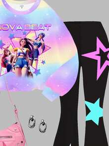 两件套少女休闲时尚街头风针织圆领渐变韩流明星字母印花宽松卫衣搭配修身喇叭裤，返校季、舒适、充满圣诞气息、圣诞礼物、秋冬装 - 彩色 - 查看 6