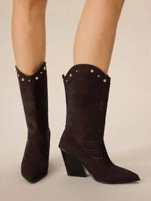 Styleloop Botas de tacón alto grueso y huecas de media pantorrilla con estilo vintage para mujer - Café integral - Ver 6