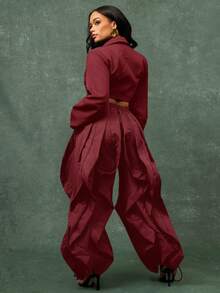 Vixey 透气抗皱吸湿排汗梭织荷叶边慢跑裤 - 酒紅色 - 查看 5