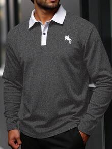 Manfinity Homme Áo thun polo dài tay màu tương phản thường ngày cỡ lớn dành cho nam - Xám - Xem 1