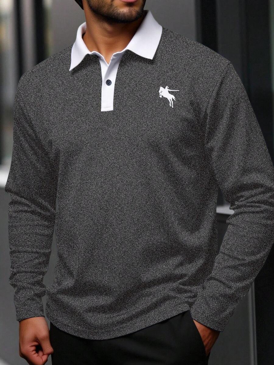 Manfinity Homme Áo thun polo dài tay màu tương phản thường ngày cỡ lớn dành cho nam - Xám - Xem 1