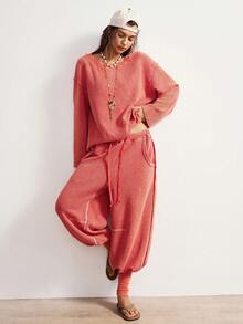 Bohemela 波西米亚风冬季圣诞新年休闲纯色针织圆领长袖宽松上衣和阔腿裤女式两件套 - 紅木色 - 查看 1