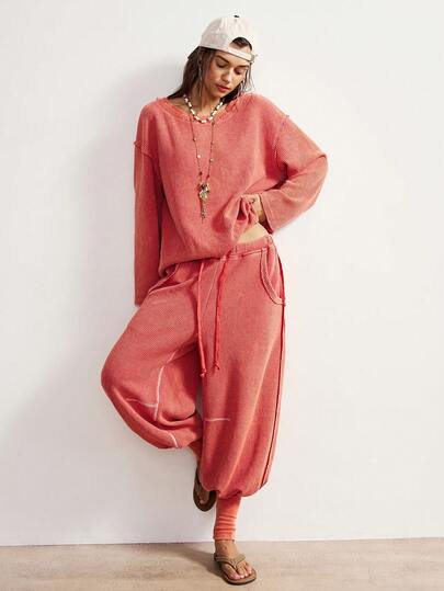 Bohemela BOHO Winter Christmas New Year Casual Solid Color Knit Crew Neck Long Sleeve Loose Top & Wide Leg Pants Women 2 Piece Set