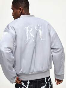 ROMWE MEN Street Life Men's Satin Bomber Jacket With Skull Print, Winter - Light Grey - View 1