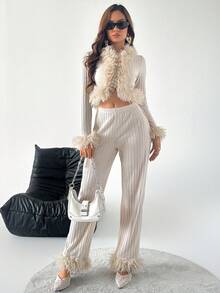 SHEIN Sexy Frayed Crop Top And Loose Pants Women Pajama Set, Winter Clothes - Khaki - View 3