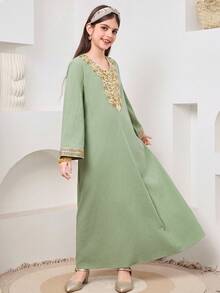 SHEIN رمضان جلابيه   Tween Girls' Casual Round Neck Short Sleeve Dress  الملابس التقليدية العربية - Green - View 4