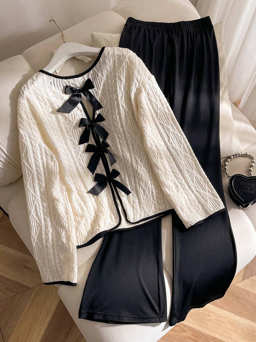 Elladie kids 2pcs/Set Tween Girls Textured Long Sleeve Top In Beige & Contrast Bow Accent, Paired With Black Flared Pants - Multicolor - View 1