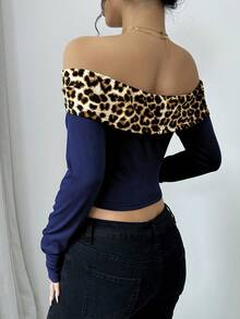 Chiquease Sexy Off-Shoulder Contrast Leopard Print Tee For Women Graphic Cheetah Print Tees Women Tops - Royal Blue - View 2