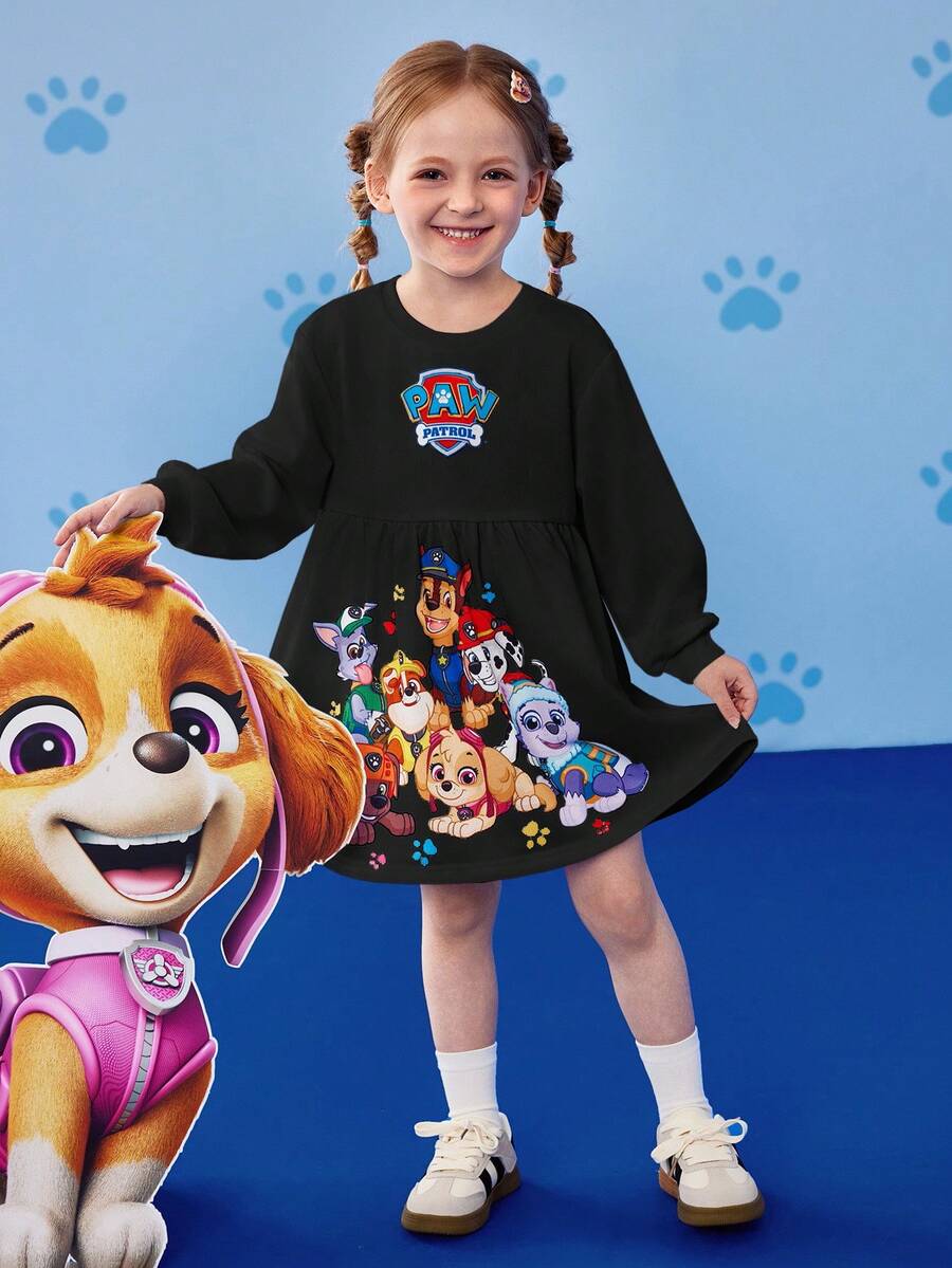 SHEIN | PAW Patrol Young Girl Cute Cartoon Puppy Print Round Neck Long Sleeve Knit Dress, Suitable For Autumn/Winter - Black - View 1