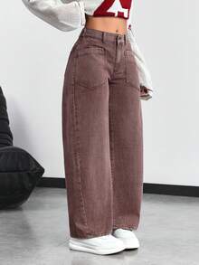 SHEIN Tall 女士口袋设计阔腿宽松休闲牛仔裤 - 棕色 - 查看 5