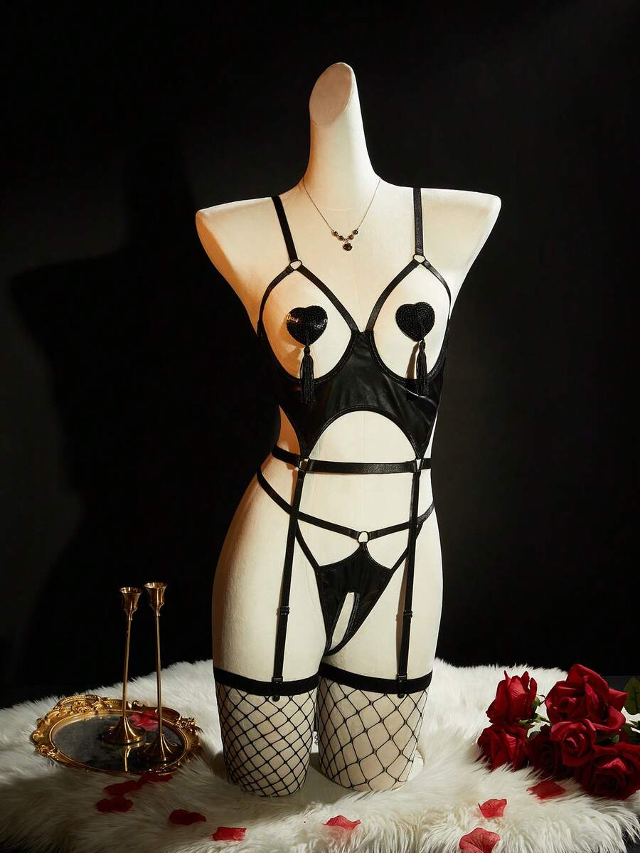 SpicyHot 6 件朋克系列性感内衣套装，包括乳贴和渔网，非常适合外出穿着 - 黑色 - 查看 1