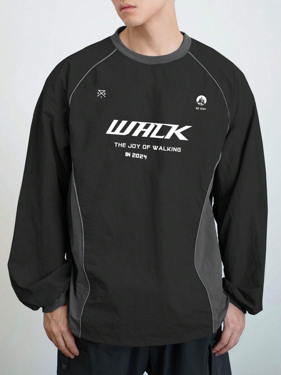 DAZY 男士秋季字母拼接撞色印花T恤 - 黑色 - 查看 1