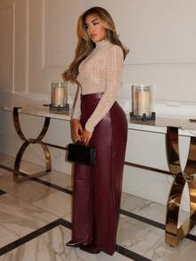 Maria Perezxox 女士勃艮第红色皮革女裤纯色前扣简约休闲裤、日常穿着、女式下装 - 酒紅色 - 查看 5