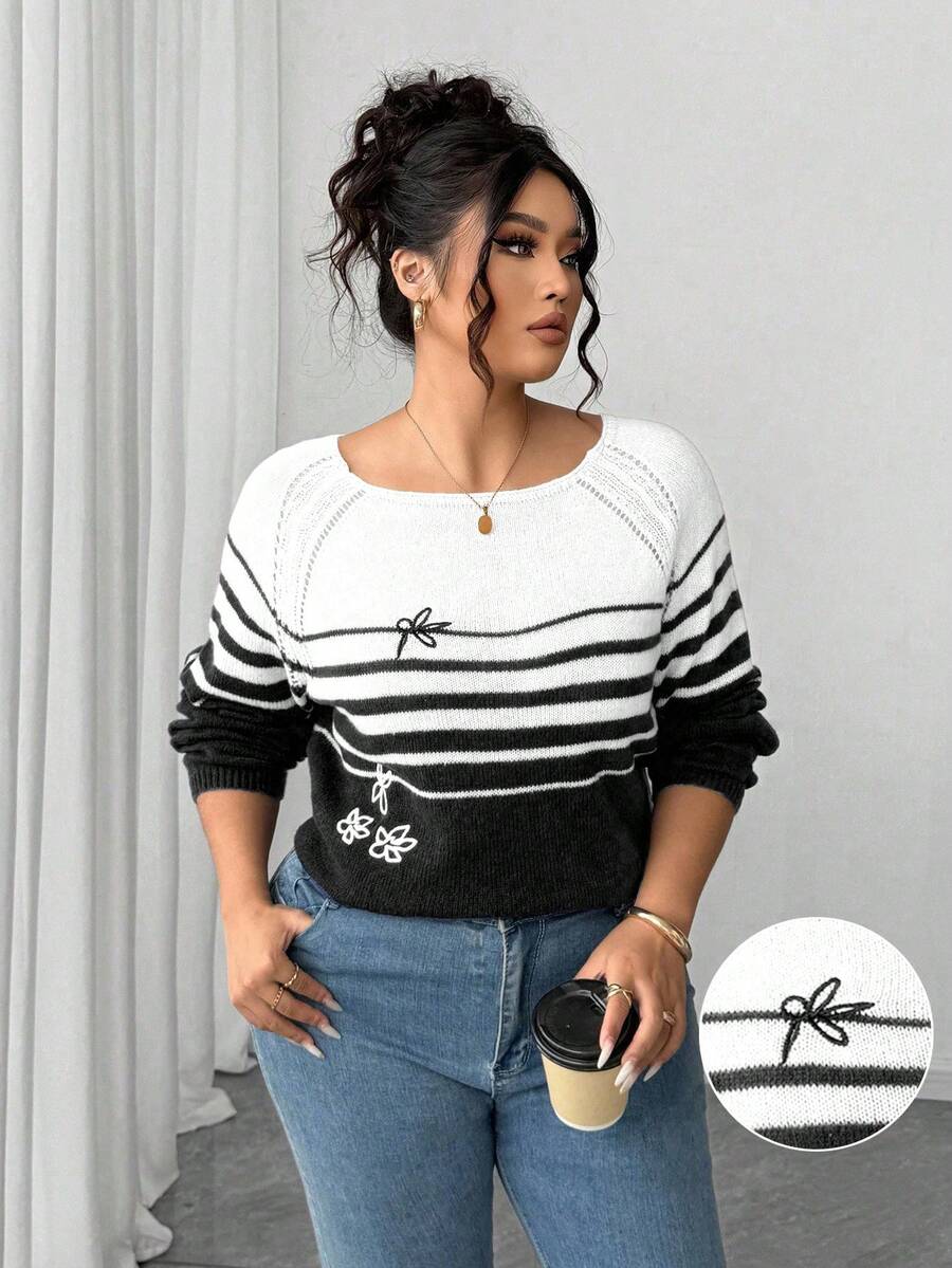 Elenzga Nuovo maglione lavorato a maglia oversize, stile country casual, rilassato ed elegante, con blocchi di colore, righe e ricamo floreale, collo equipaggio, maniche lunghe - Bianco e nero - Visualizzare 1