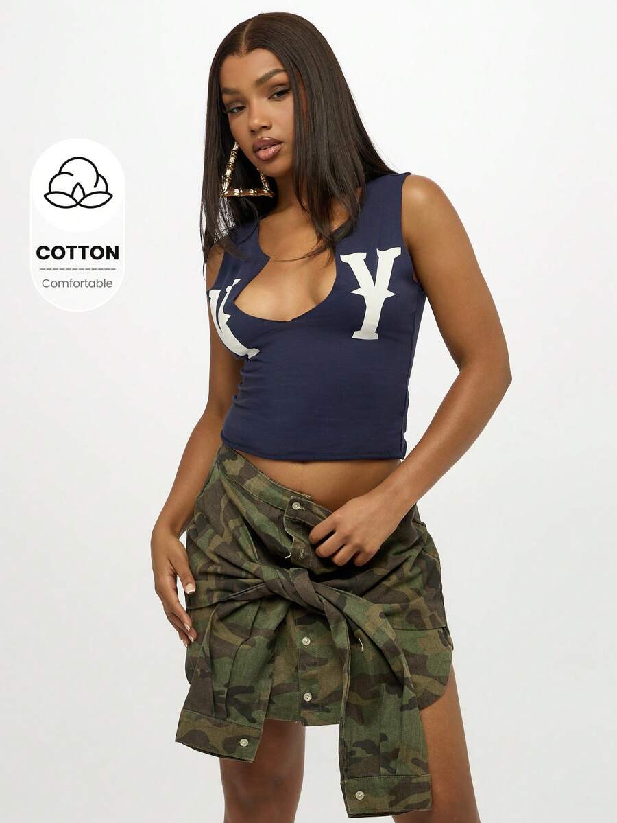SUMWON WOMEN Áo tank top thể thao kiểu dáng sinh viên NY Varsity mùa hè, dáng crop top, không tay, chất liệu jersey cơ bản, kiểu dáng thường ngày. - Màu xanh lam - Xem 1