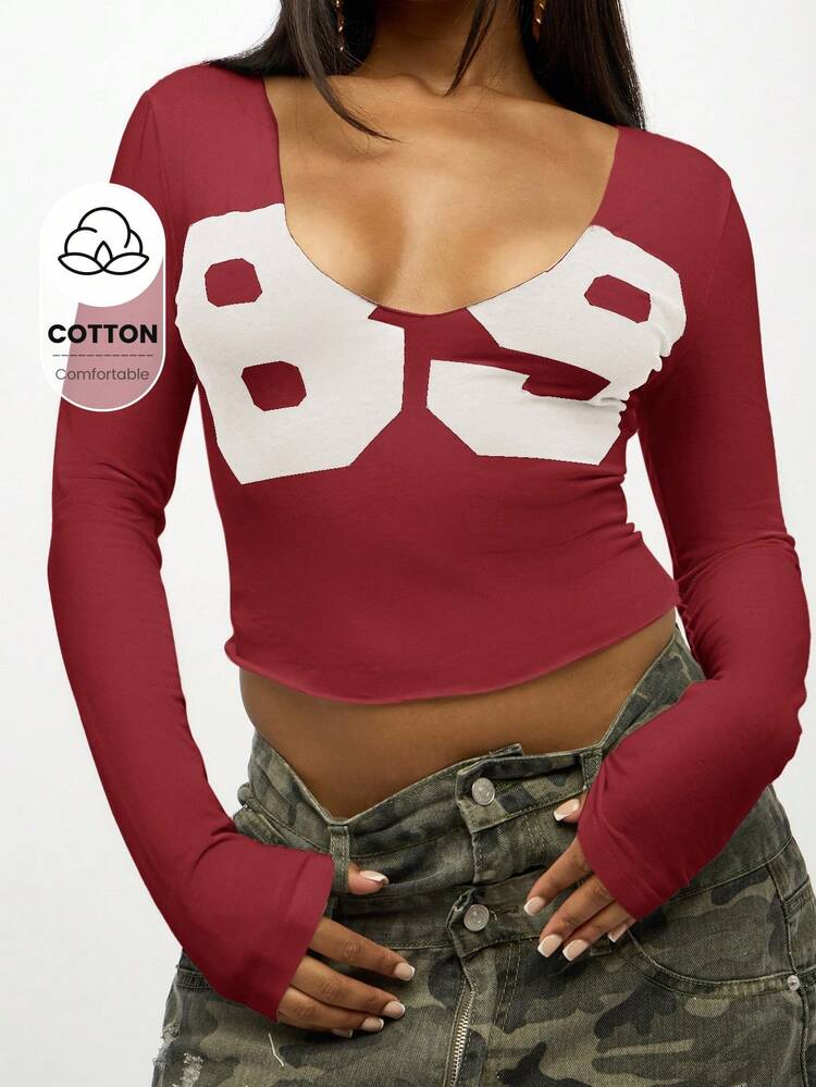 SUMWON WOMEN Square Neck Long Sleeve Color Block Bralette