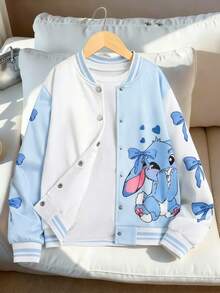 Sparklyn Tween Girls' Casual Fashion Bowknot Cartoon Print Contrast Color Baseball Jacket, Spring/Autumn