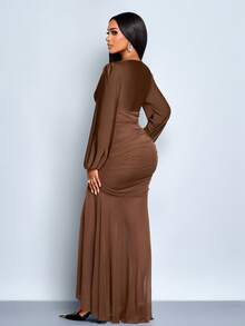 SOLERSUN Women's Elegant Ruffle Trim Plunging V-Neck Long Sleeve Solid Color Pleated Mesh Patchwork Fishtail Hem Maxi Dress, Sexy And Simple, Suitable For Cocktail Party, Date, Autumn/Winter Dress, Party/Wedding Bridesmaid Dress, Evening Gown, Halloween, Christmas Date Night Thanksgiving Women Outfit