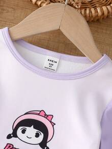 一套女童休闲卡通印花圆领长袖上衣和裤子，针织弹力加厚保暖内衬柔软舒适睡衣 - 彩色 - 查看 7