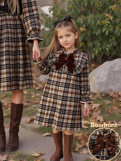 Emery Rose Kids Young Girls Woven Plaid Ruffle Trim Bow Decor Casual Dress Girls Fall Plaid Dress  Autumn Dress Kids  Brown Toddler Dresses  Girls Long Sleeve Dress  Girls Dress With Bow Girls Vintage Brown Plaid Long Sleeve Fall Dress With Decorative Velvet Bow And Ruffles Warm And Cozy For Autumn Girls Fall Plaid Dress With Brown Velvet Bow Long Sleeve Ruffle Neck Babydoll Style A-Line Dress For Toddlers And Kids
