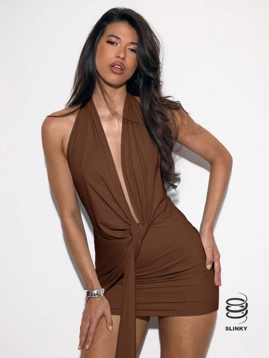 MUSERA 深V露背吊带垂褶细节修身无袖迷你连衣裙，适合性感、夜晚外出、优雅、可爱、迷人派对、春夏度假等场合。 - 棕色 - 查看 1