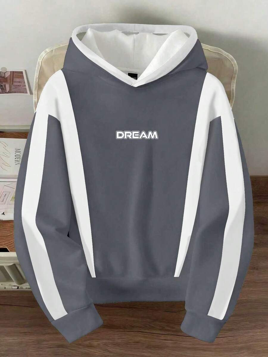 Claim Dot 男士撞色字母印花休闲长袖套头连帽衫，罗纹下摆 - 淺灰色 - 查看 1