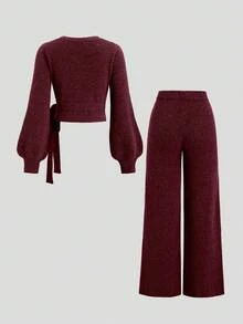 Sweetra 2pcs/Set Brown Italian Lace-Up Slim Fit V-Neck Cardigan And Straight Wide Leg Pants, Casual Elegant Streetwear Knit Sweater Set, Autumn/Winter - Burgundy - View 2