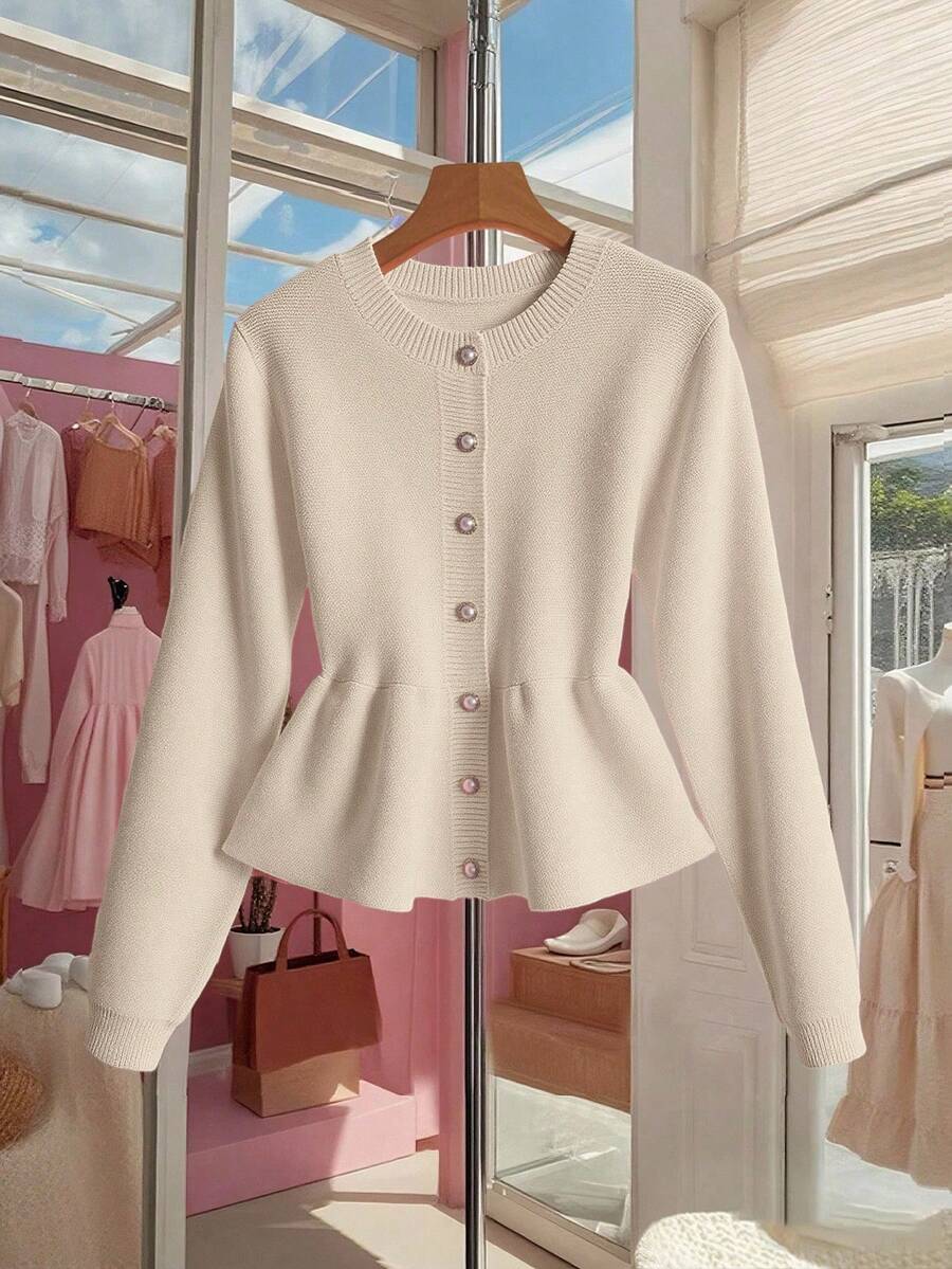 Franclia Women's Elegant Fashion Minimalist Versatile Round Neck Ruffle Hem Waist Fitted Cardigan Sweater, Autumn/Winter - Apricot - View 1