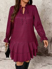 Breezaya Plus Size Women Geometric Print Ruffle Hem Long Sleeve Casual Swing Dress Lantern Sleeve Dress Patterned Dress - Burgundy - View 3