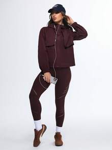 Eassivo Eassivo Women's Wine Red Hooded Windbreaker Jacket, Loose Fit Utility Outerwear, Flap Pocket Detail, Zipper Closure, Sports Street Style, Athleisure Lightweight Jacket - Red - View 6