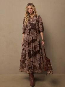 Freevana 波西米亚风佩斯利印花雪纺连衣裙，度假必备波西米亚风单品 - 咖啡棕 - 查看 4
