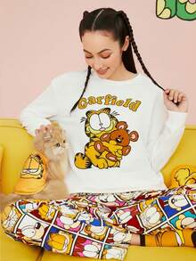 GARFIELD | SHEIN 女款白色圣诞跨年可爱卡通字母格子印花落肩宽松长袖上衣直筒裤睡衣套装冬季女睡衣套装节日秋季新年装秋装 - 白色 - 查看 9