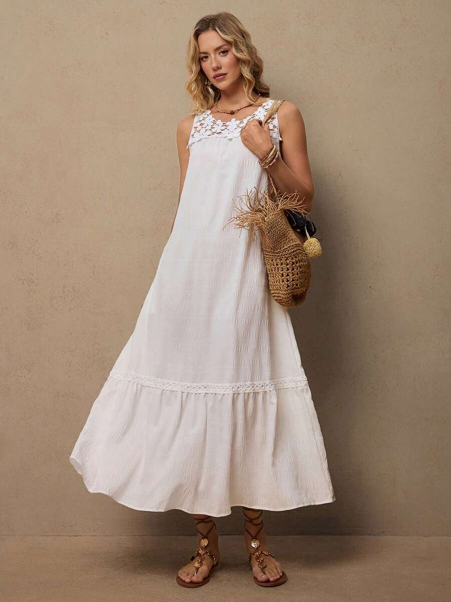 Freevana Váy dài màu trắng thường ngày có túi cho nữ, dáng rộng, bồng bềnh, phong cách Boho - trắng - Xem 1