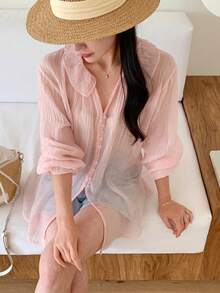 DAZY Women's Solid Color V-Neck Loose Semi-Sheer Long Sleeve Blouse Spring - Pink - View 3
