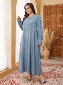 Al Najma Vestido maxi casual árabe de manga larga, unicolor, con botones de champiñón y corte evasé, tejido jacquard, talla grande para mujer - Neblina azul - Ver 4