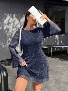 SHEIN EZwear 海军蓝喇叭袖亮片网纱大码女式连衣裙 - 藏蓝色 - 查看 5