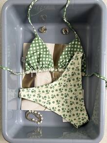 Swim Mod New Women's Summer 2-Piece Random Floral & Plaid Print Triangle Halter Bikini Top And Bottom Set, Beach Vacation Swimwear - Multicolor - View 8