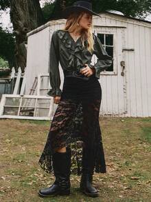 Freevana Women's Elegant Ruffle Collar V-Neck Long Sleeve Blouse, Suitable For Vacation, Autumn/Winter Army Green Tops