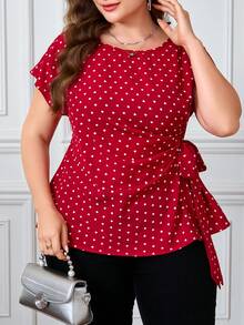 Reflora 大码女式全心形印花圆领短袖侧打结时尚衬衫，休闲优雅外出夏季春假情人节优雅度假，2026新款可爱上衣大码红色系带上衣大码红色衬衫女式大码可爱红色波点上衣心形印花上衣大码红色衬衫可爱红色上衣大码红色上衣女式红色波点大码衬衫 - 紅色 - 查看 8