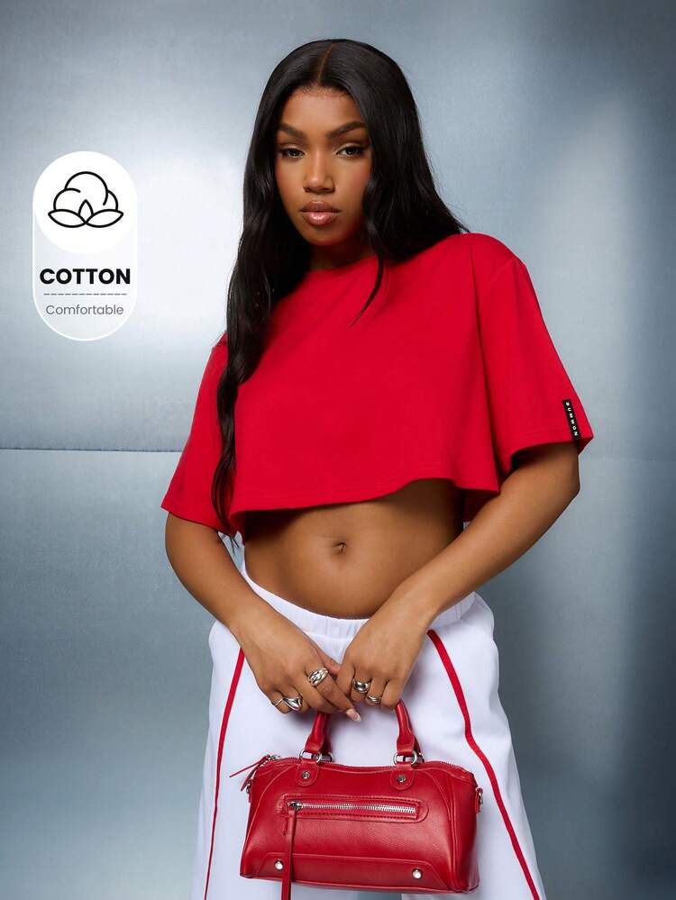 SUMWON WOMEN Round Neck Oversized Boxy Sleeves Crop Essential Tee