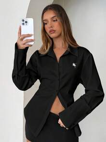 Aloruh 女士优雅刺绣骏马标志纽扣系带衬衫，时尚百搭，适合通勤、返校、秋季女装、秋季上衣，黑色衬衫，新年派对必备 - 黑色 - 查看 6