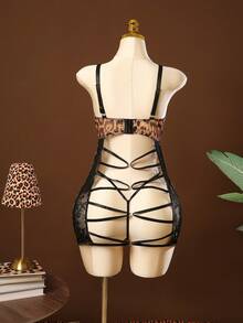 SHEIN Conjunto de 2 piezas de lencería de talla grande con vestido de encaje, estampado de leopardo y malla con espalda descubierta, incluye tanga. Lencería de Halloween, lencería con estampado de leopardo, vestidos de lencería para mujer, lencería clásica con estampado animal - Multicolor - Ver 4