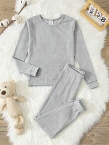 SHEIN Bộ đồ ngủ ôm vừa vặn màu xám cho bé trai tuổi teen - Áo phông dài tay và quần dài, Kiểu dáng tối giản, Phong cách sinh viên thường ngày, Thoải mái & Tiện dụng, Vải mềm, Thích hợp mặc hàng ngày & ở nhà, Thu/Đông - Màu Xám nhạt - Xem 4