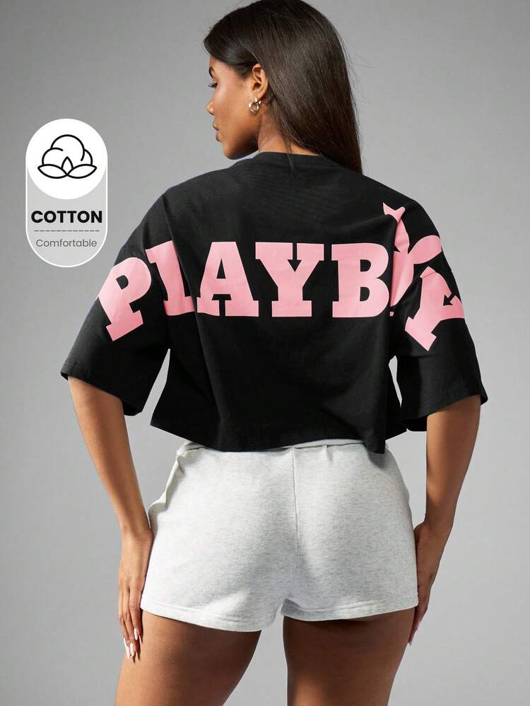 Missguided x Playboy 오버사이즈 크롭 버니 로고 티셔츠 페스티벌 스트리트웨어 여름 캐주얼 반팔 커트오프 어반 복고풍 그래픽 티