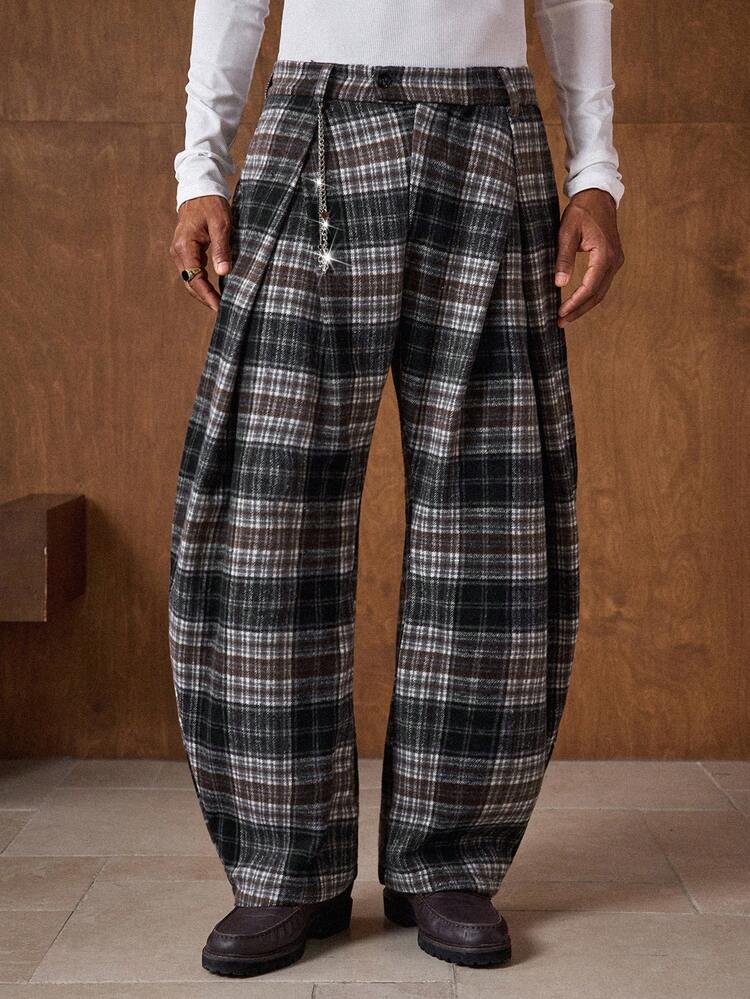Men's Plaid Pocket Pleated Fashionable Versatile Commuter Tapered Pants Men's Plaid Pants Men Wide Leg Pants Vintage Pants Men Lenin Pants Men Boho Pants Men