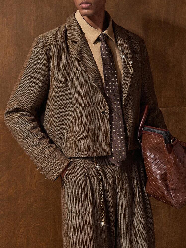 メンズマンダリンカラー長袖ブレザーとパンツのカジュアルスーツセット、結婚式用メンズドレス、ブラウンスーツ、メンズオフィスウェア、メンズラグジュアリークロージング、メンズ70年代スタイル