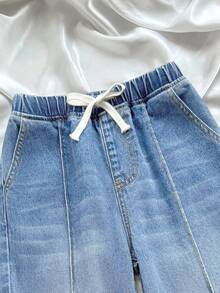 SHEIN Tween Girls' Tie Waist Pocket Wide Leg Loose Casual Jeans - Light Wash - View 6